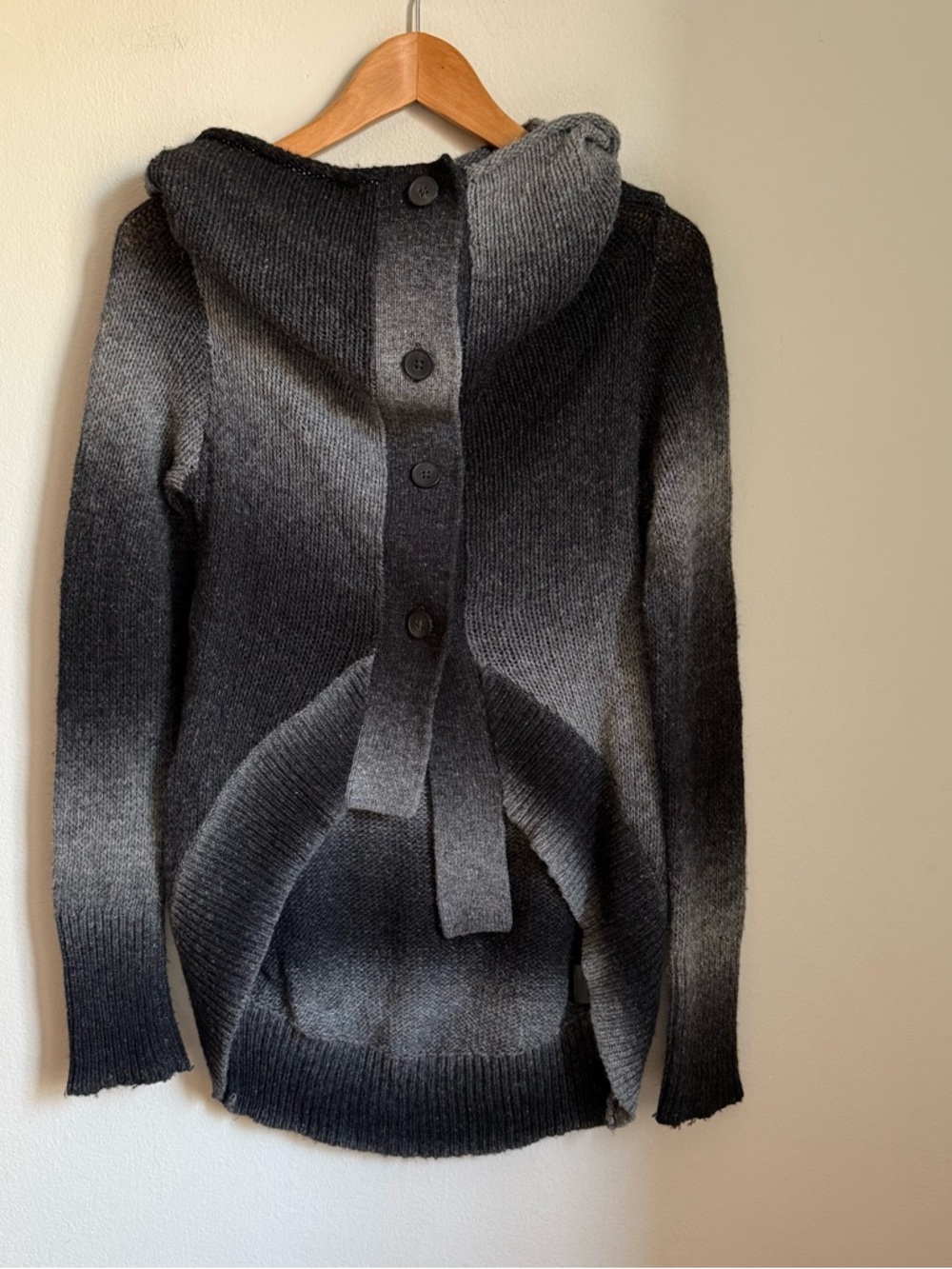 All Saints Gray to Black Ombre Hooded Button-Back Sweater